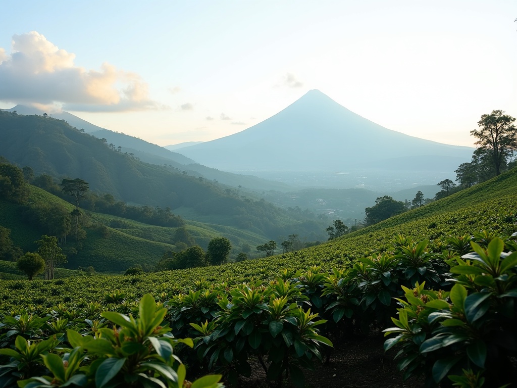 Terraced Kintamani highland Arabica coffee plots on volcanic slopes at golden hour