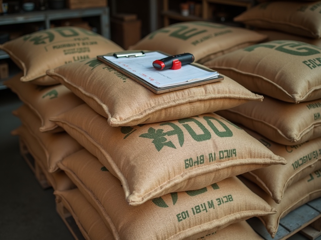 Pallet of 60kg jute green-coffee export bags staged in a warehouse before shipment