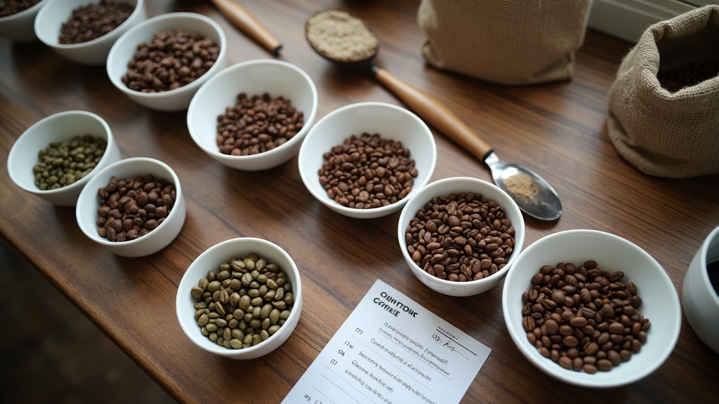 Green Kintamani Arabica beans, a grading loupe and jute export bags on an exporter's paper offer sheet